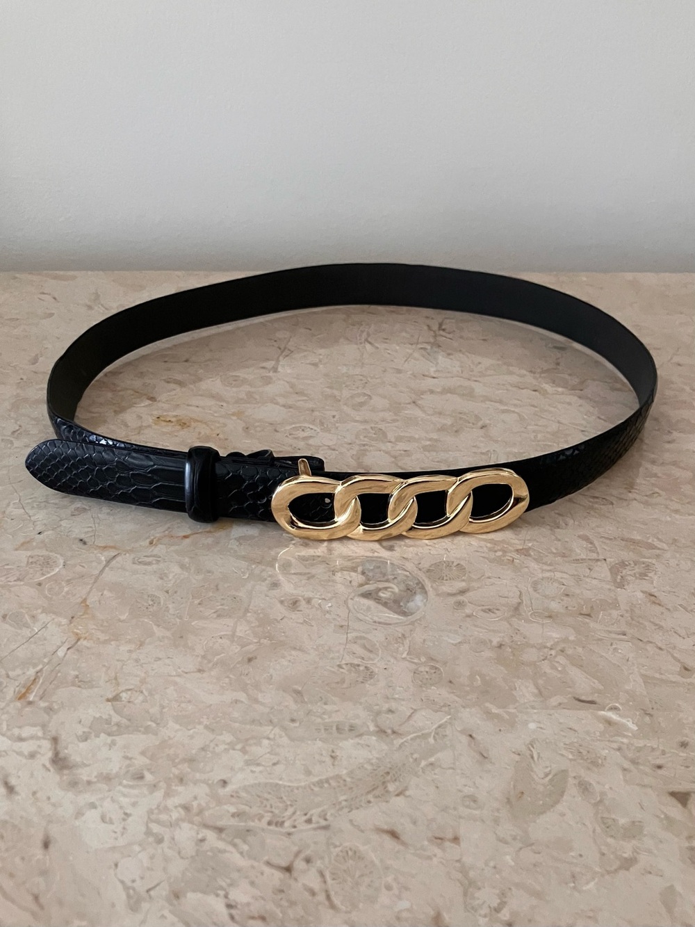 Black Faux-Snakeskin Belt with Gold Chain Link Buckle - 32 inches